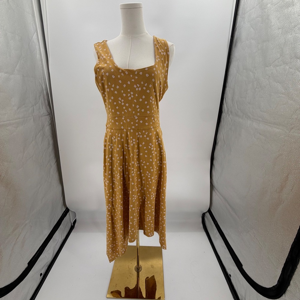 Pact Women's Large Mustard Floral Organic Cotton Stretch Midi Dress Square Neck